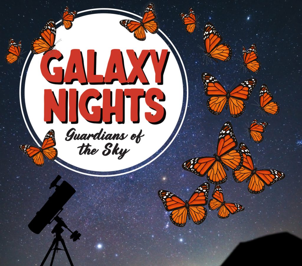 Galaxy Nights event banner featuring a telescope silhouette, butterflies by a moon, starry sky.