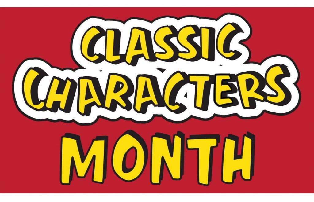 Alt-text: Red event poster for San Bernardino County Library's "Classic Characters Month," March 2026,