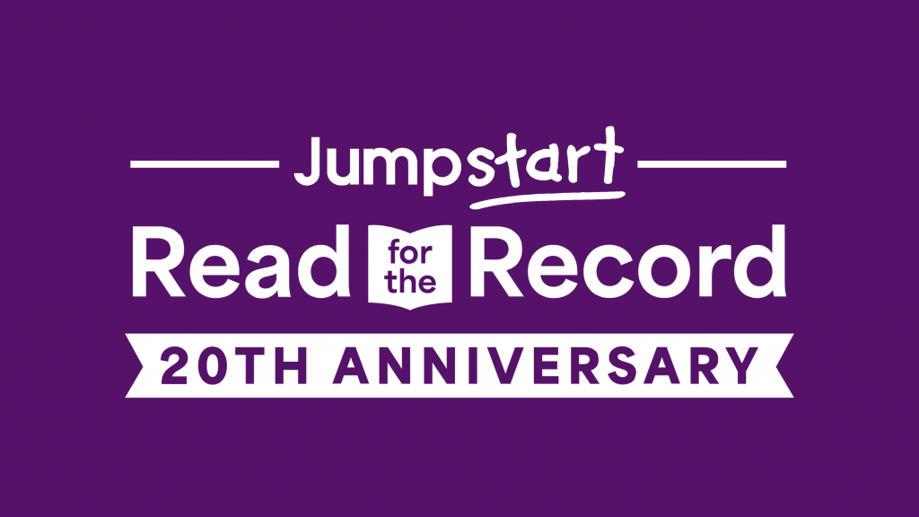 Purple background. Text reads "Jumpstart Read for the Record 20th anniversary."