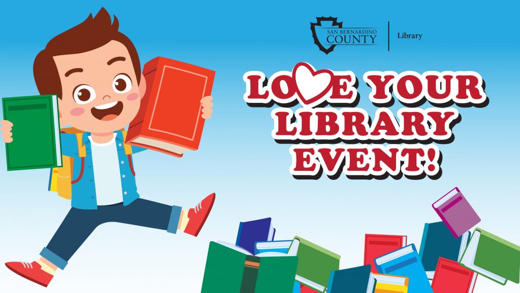 Small child holding books, reads "Love Your Library Event!"