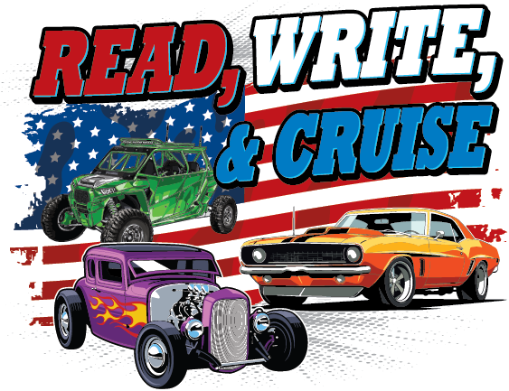 Illustration of three cars, set against an American flag background. Bold text reads "Read, Write, & Cruise." Hosted by San Bernardino County Library.