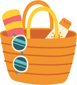 A woven beach bag containing striped sandals, sunscreen, and round teal sunglasses, evoking a sunny, relaxed summer vibe and readiness for the beach.