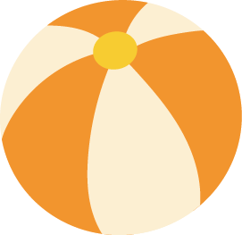 A colorful beach ball with alternating orange and cream panels, and a small yellow circle at the top. The design conveys a playful, summery vibe.