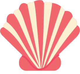 A stylized pink and cream scallop shell with alternating vertical stripes, creating a symmetrical pattern. The shell is set against a black background.
