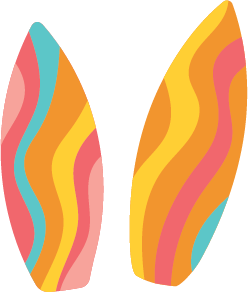 Two colorful, wavy-patterned surfboards with orange, pink, blue, and yellow stripes, standing upright against a black background. Vibrant and energetic tone.